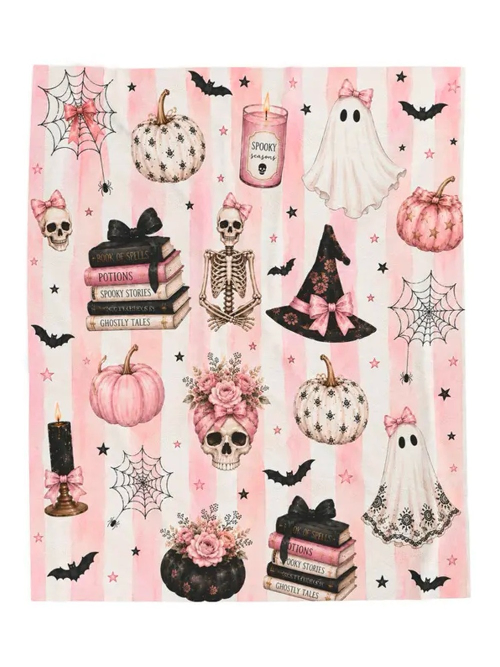 Velvet Pink Halloween Throw with Skulls, Pumpkins & Ghosts